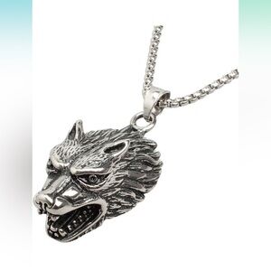 #34. Men's Vintage Wolf Head Necklace Silver Tone